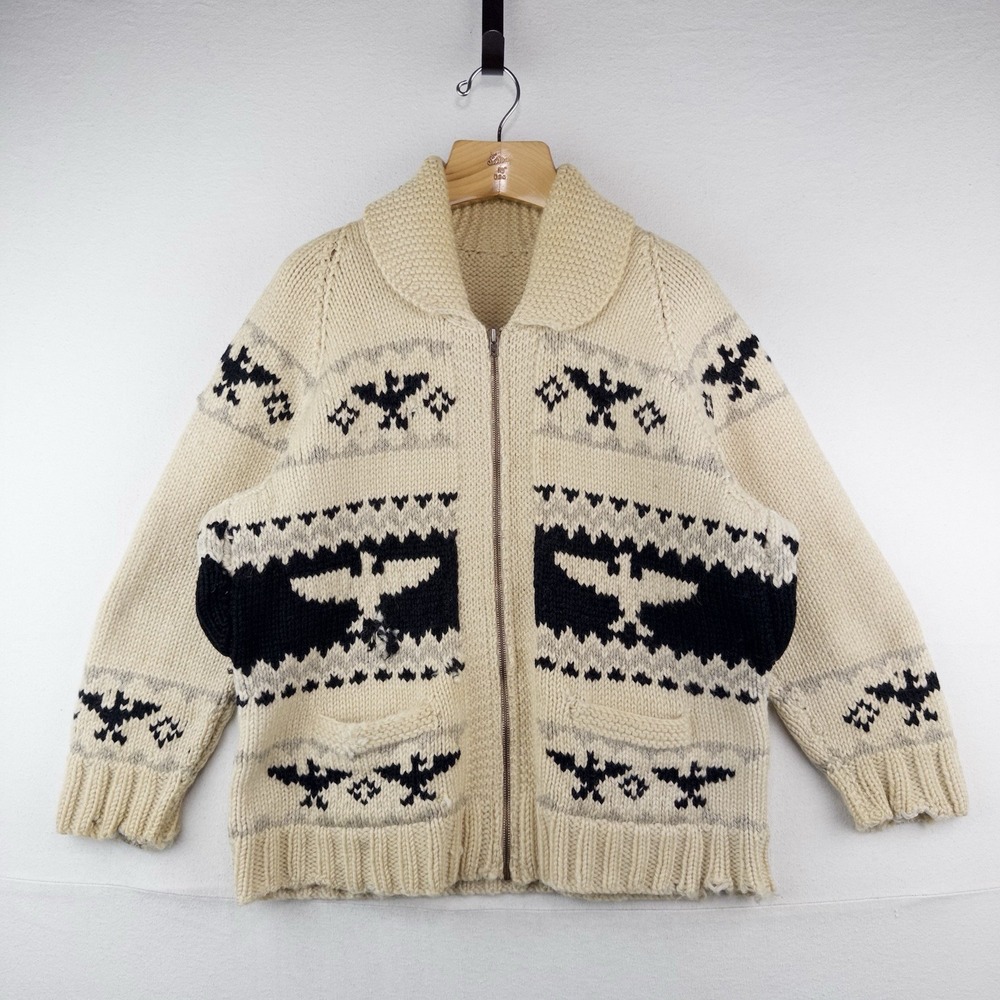 60's Vtg Cowichan Hand Knit Thunderbird Wool Cardigan Sweater Men's Large *Read
